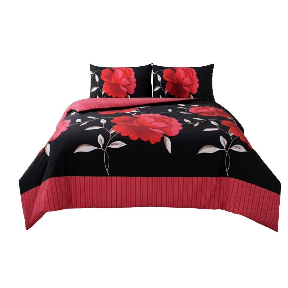 image 1 of Reversible Floral Duvet Set Elegant Flower Stripe Pattern Bedding for Home Decor | Red | Single