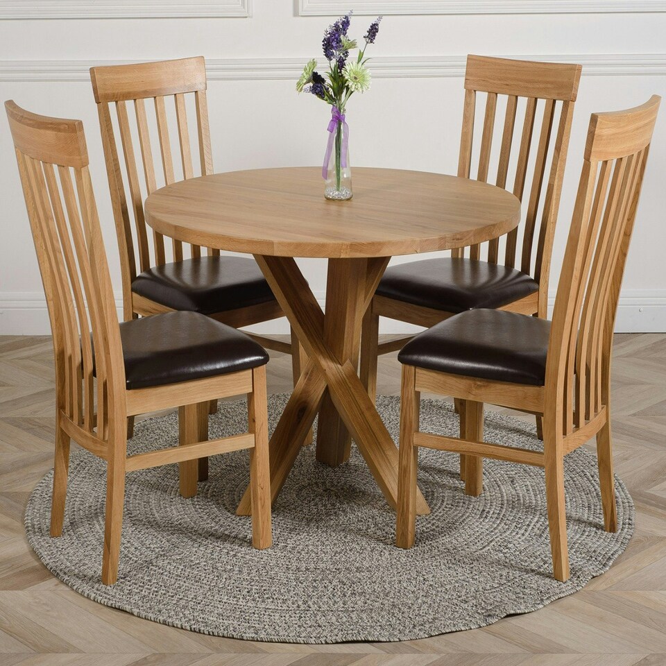 image 1 of Oregon Round Oak Dining Table with 4 Harvard Oak Chairs Brown