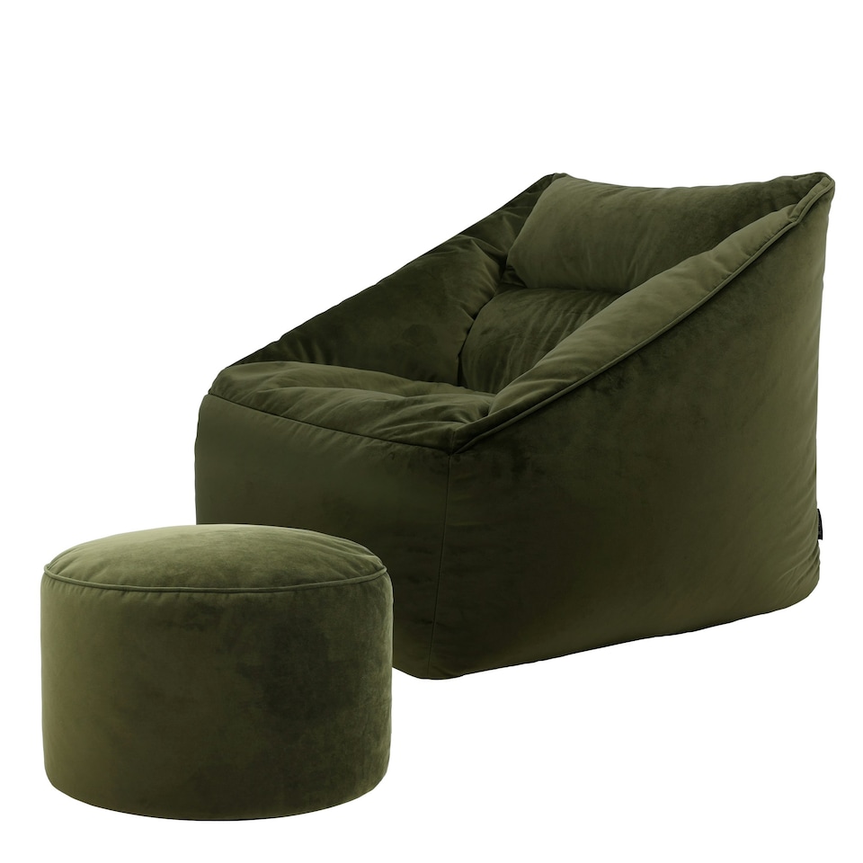 image 1 of icon Natalia Velvet Adults Bean Bag Armchair and Pouffe, Ready Filled Large Beanbag and Footstool Olive Green Green