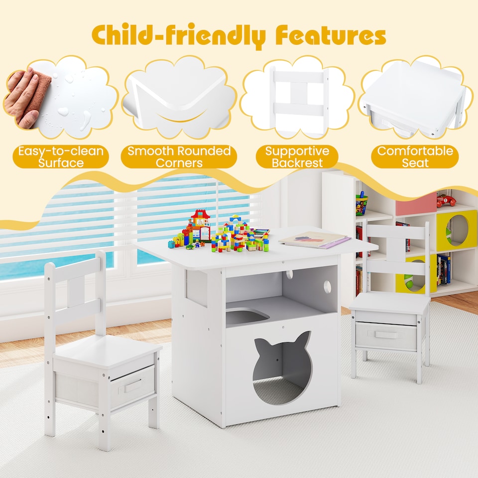 image 1 of COSTWAY Kids Table and Chairs Set with Cat House White