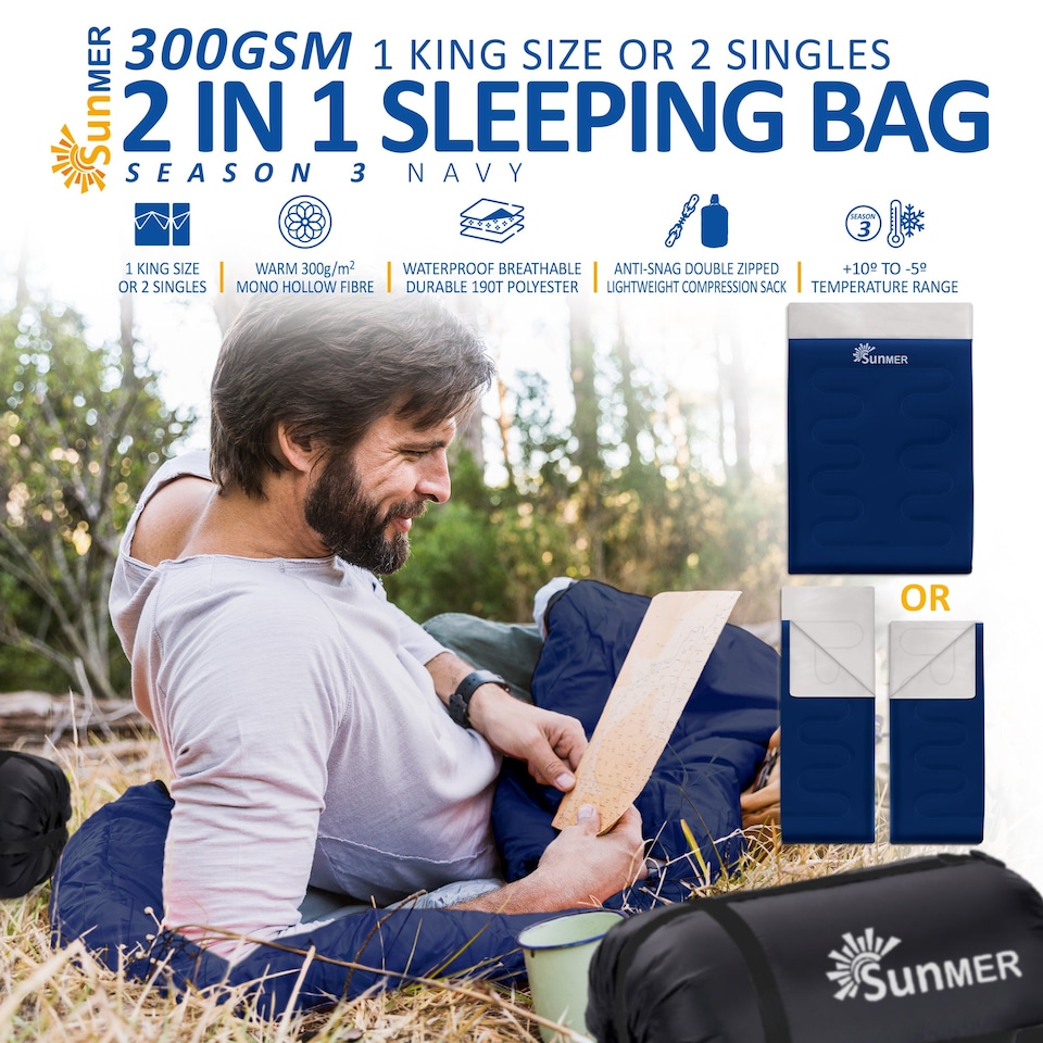 image 1 of SUNMER Double Sleeping Bag - Converts to 2 Singles - 4-Season 300GSM - Navy