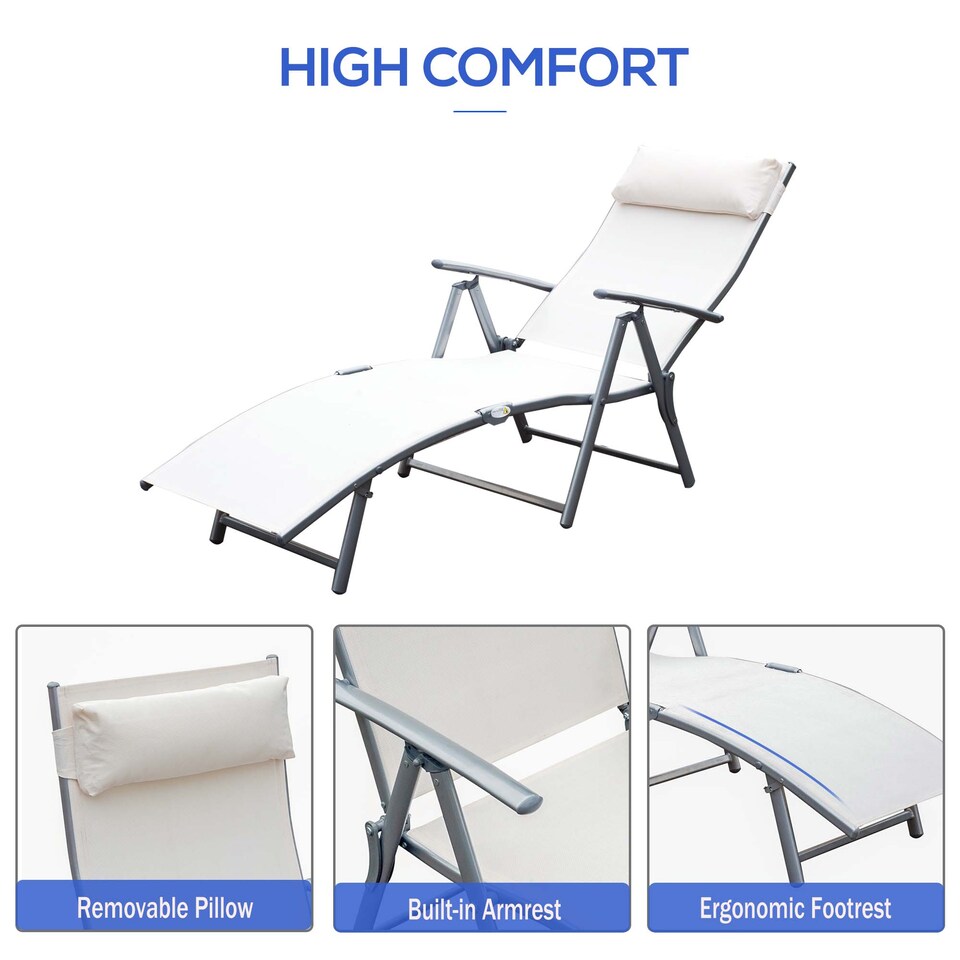 image 1 of Outsunny Sun Lounger Steel Frame Outdoor Folding Chaise Texteline Lounge Chair Recliner with Headrest & 7 Levels Adjustable Backrest, Cream White