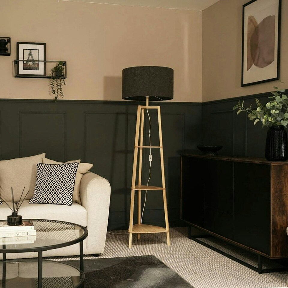 image 1 of ValueLights Hiru Wooden 3 Tier Shelf Floor Lamp Charcoal Boucle Shade & Bulb | Brown | Charcoal