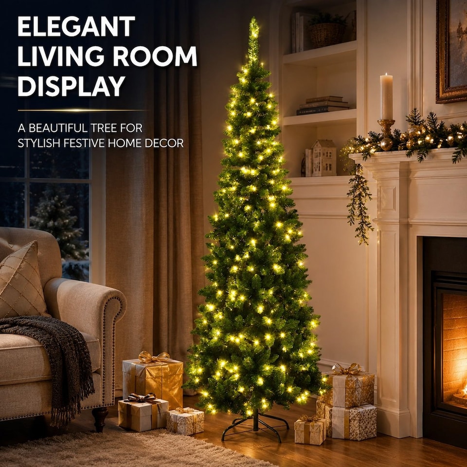 image 1 of 6FT Pre-Lit Pencil Christmas Tree with Warm White LED Lights - Festive Xmas Decoration for Home and Holiday Display
