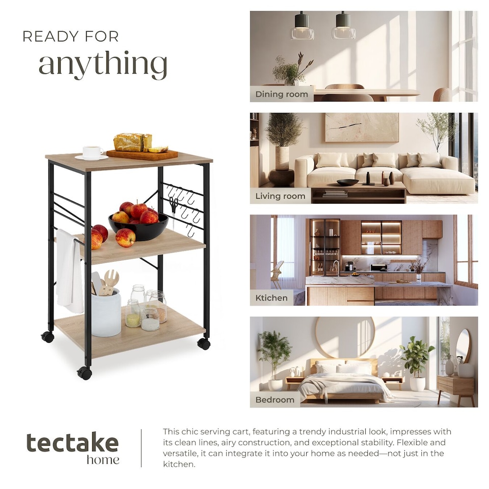 image 1 of Drinks Trolley Rugby - 3 shelves, 4 castors with parking brake | Brown | industrial wood light, oak Sonoma | 65,50 x 45,50 x 88,50 cm | 1