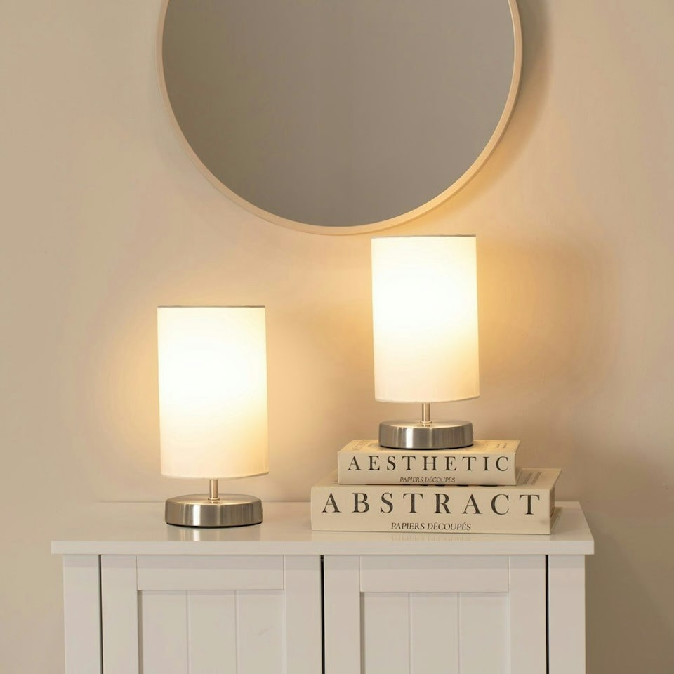 image 1 of ValueLights Satin Touch Dimmer Bedside Table Lamp With White Cylinder Light Shade | White