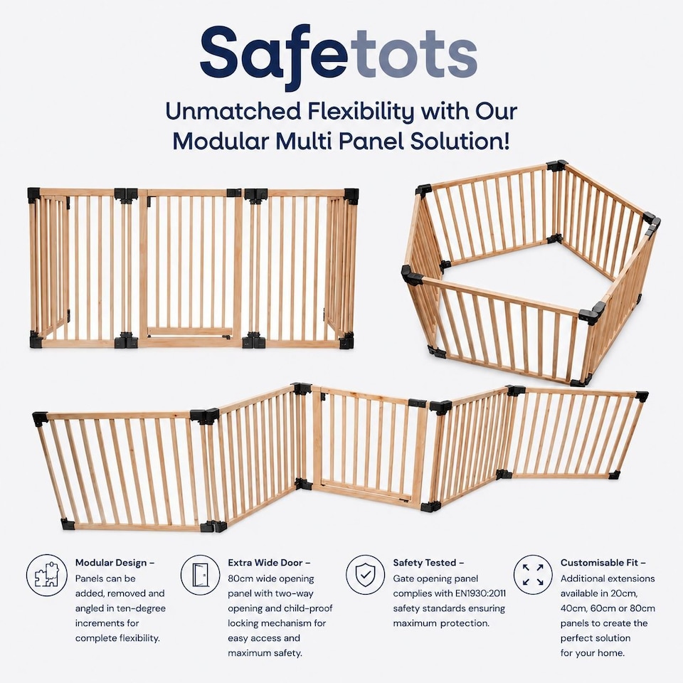 image 1 of Safetots Wooden Multi Panel Room Divider, up to 96cm, Natural Wood, 76cm Tall, Flexible Room Divider for Baby and Toddler | Cream | Natural