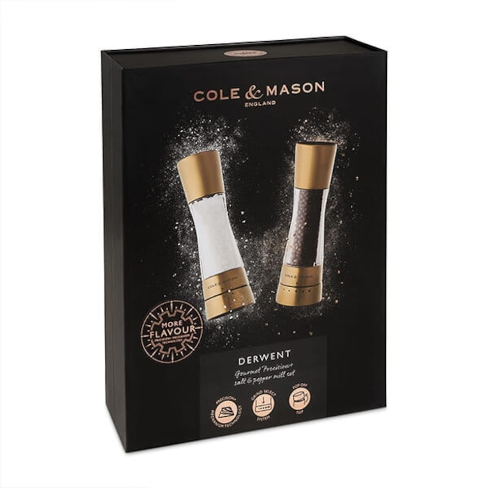 image 1 of Cole & Mason Gourmet Precision+ Derwent 190mm Clear & Matt Gold Salt & Pepper Mill Gift Set