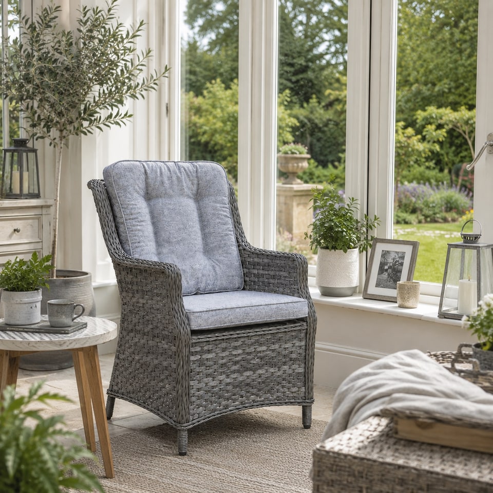 image 1 of 1pc Rattan Garden Dining Chair Grey Outdoor Patio Chairs with Cushion, Weatherproof Wicker Furniture