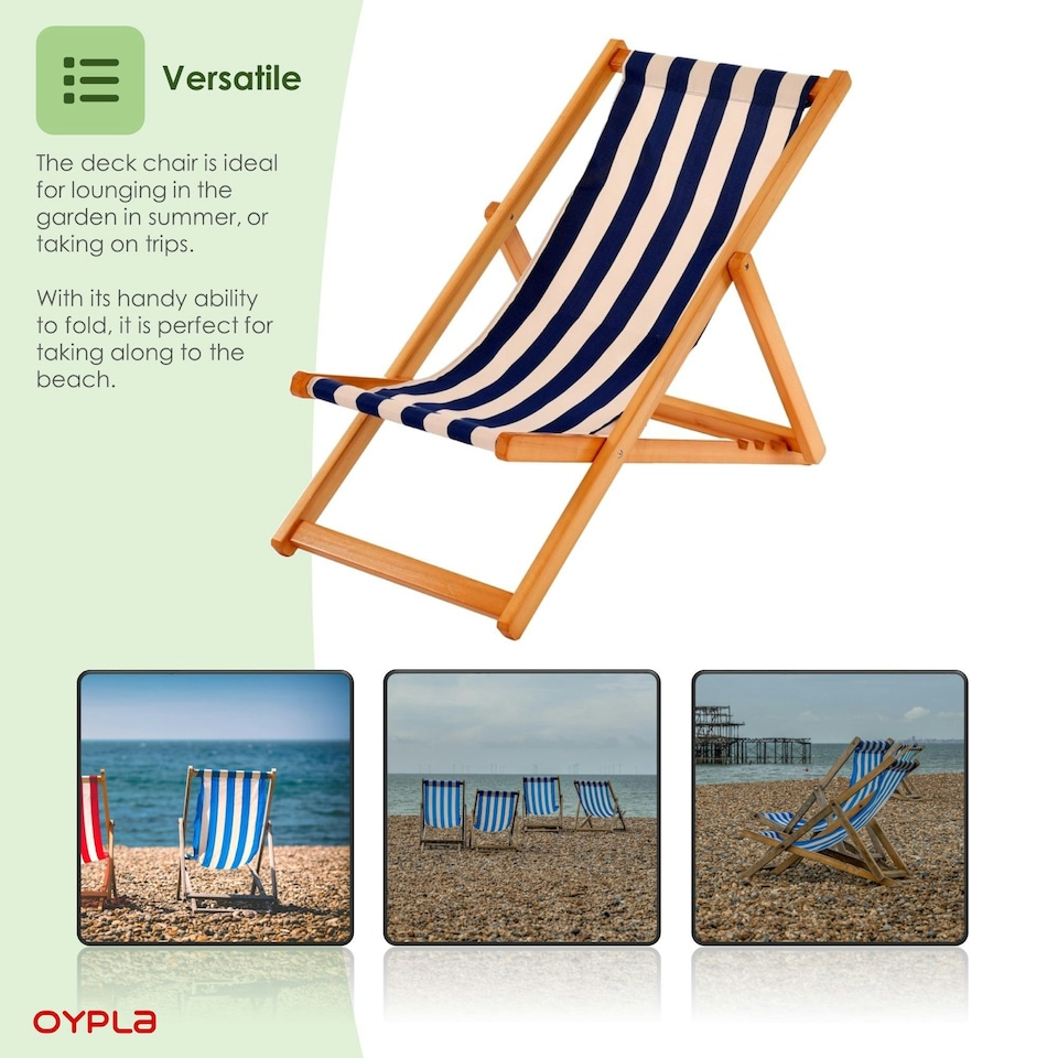 image 1 of Oypla Traditional Folding Hardwood Garden Beach Deck Chairs Deckchairs Blue