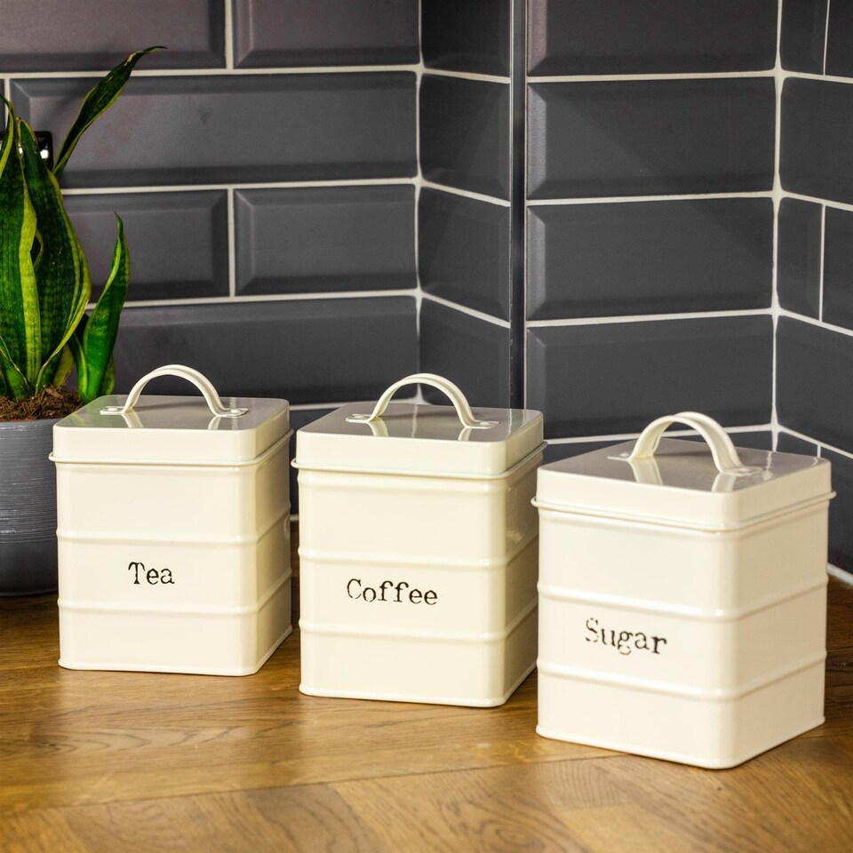 image 1 of Harbour Housewares Vintage Metal Kitchen Tea Coffee Sugar Canisters - Cream