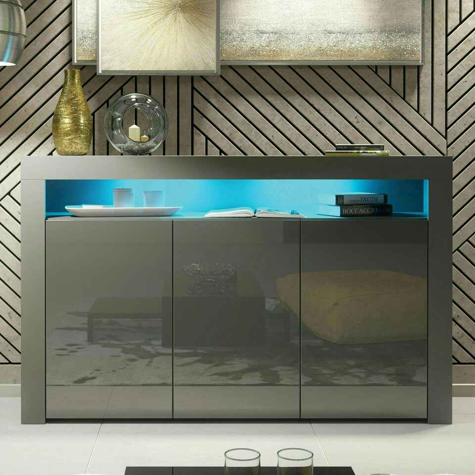 image 1 of Sideboard 155cm Grey Gloss Doors Grey Matt Body Free LED Display Unit Grey