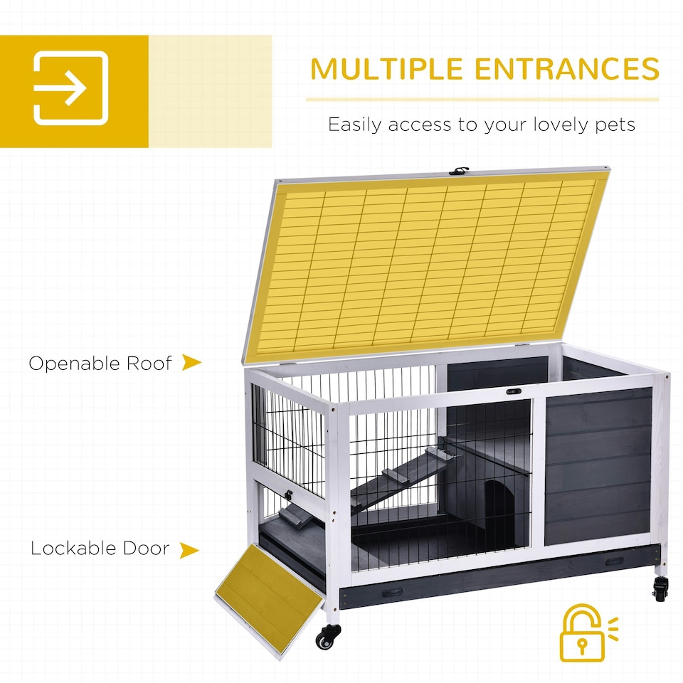 image 1 of PawHut Rabbit Cages, Guinea Pig Hutch w/ Roof & Wheels, No-Leak Tray, White