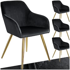 Chair Marilyn - with armrests, padded, velvet look, golden steel legs - Set of 4 Black | Black/Gold