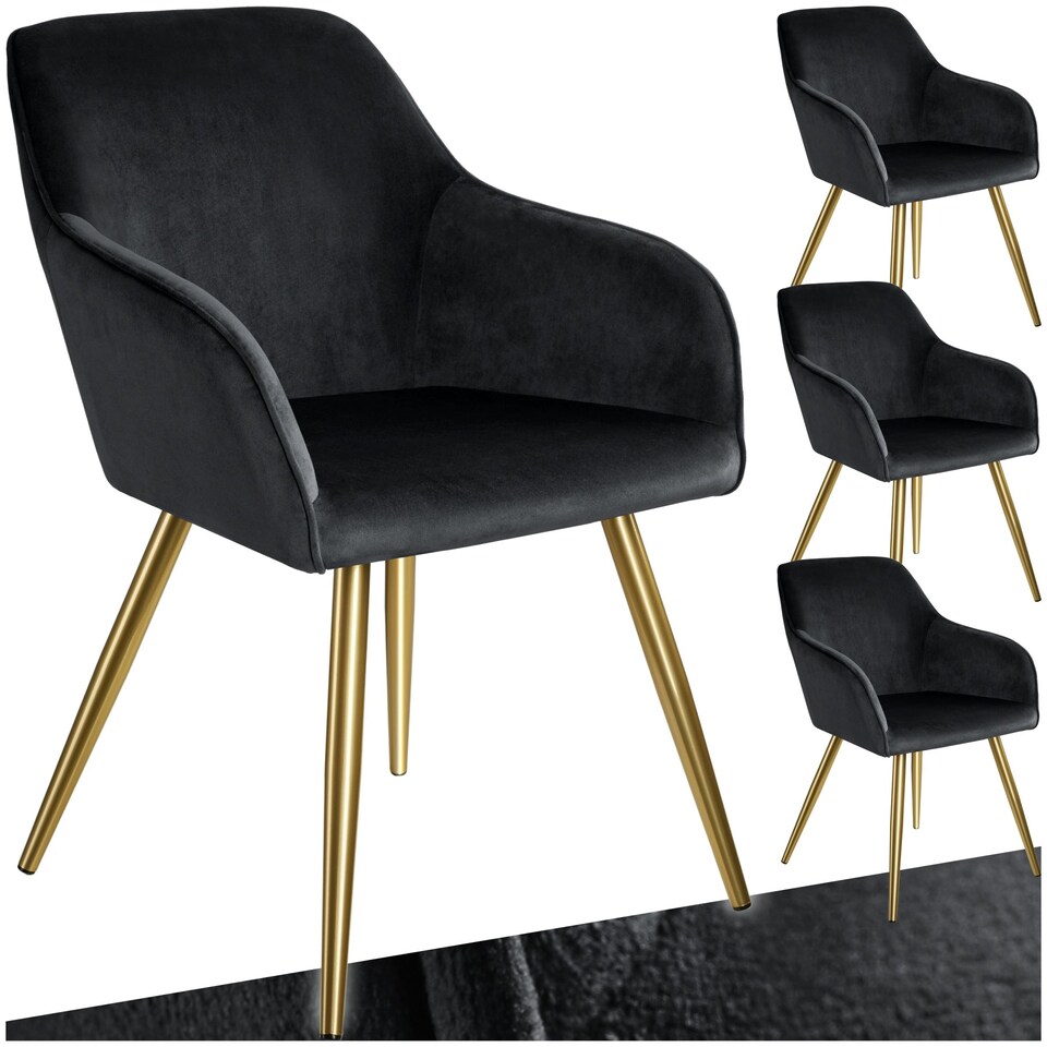 image 1 of Chair Marilyn - with armrests, padded, velvet look, golden steel legs - Set of 4 Black | Black/Gold