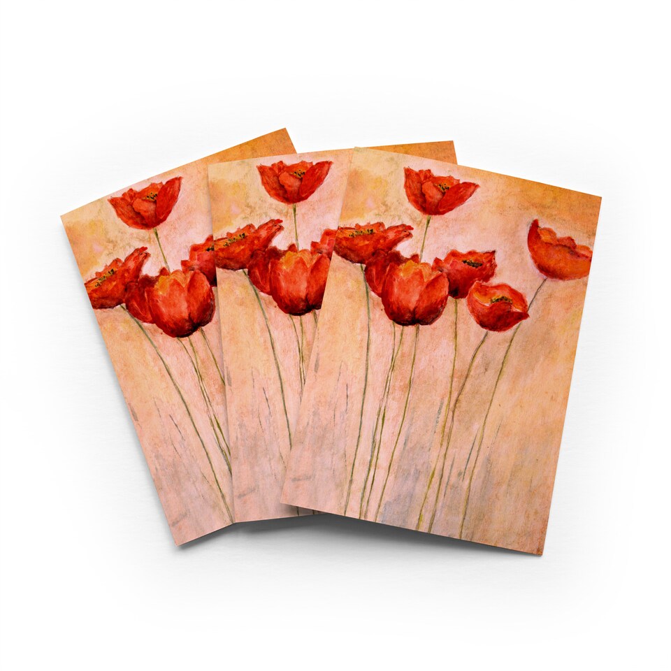 image 1 of Red Poppies Painting Greeting Card Floral Artwork Any Occasion Set of 3 Blank