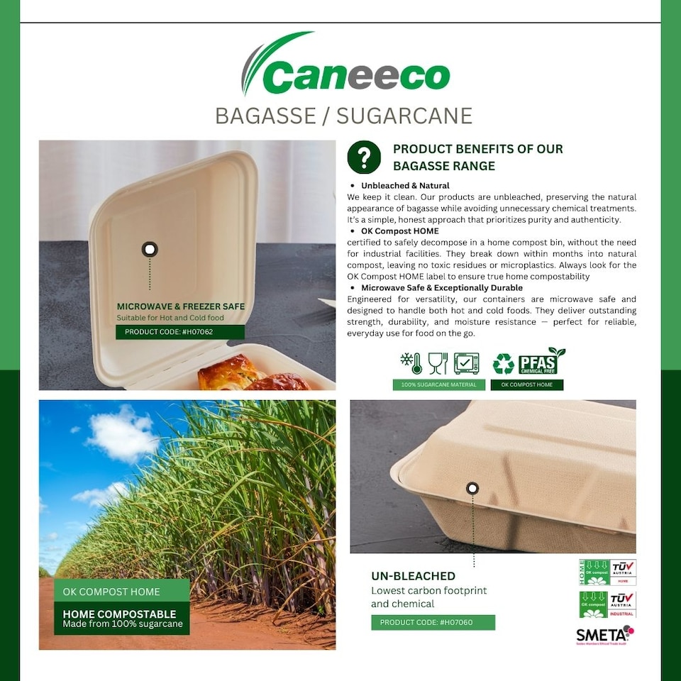 image 1 of Bagasse Sugarcane Takeaway Boxes 7x5 Clamshell Containers, PFAS Free, TUV Home Compostable Certified Food Boxes for Hot & Cold Meals, Restaurants, Parties & Catering