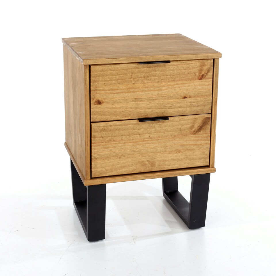 image 1 of Texas 2 Drawer Bedside Cabinet - Industrial Style with Real Wood and Metal Legs | Brown | Antique Waxed Pine | One Size | 1