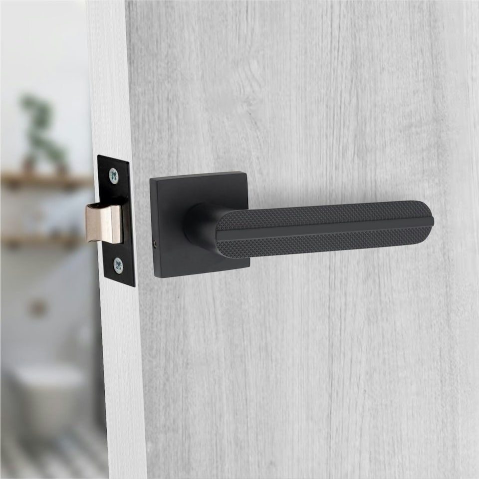 image 1 of Golden Grace 1 Pair Modern Lima Design Premium Door Handles on Square Rose in Matt Black Finish with 3" Ball Bearing Hinges and 2.5" Tubular Latch Black