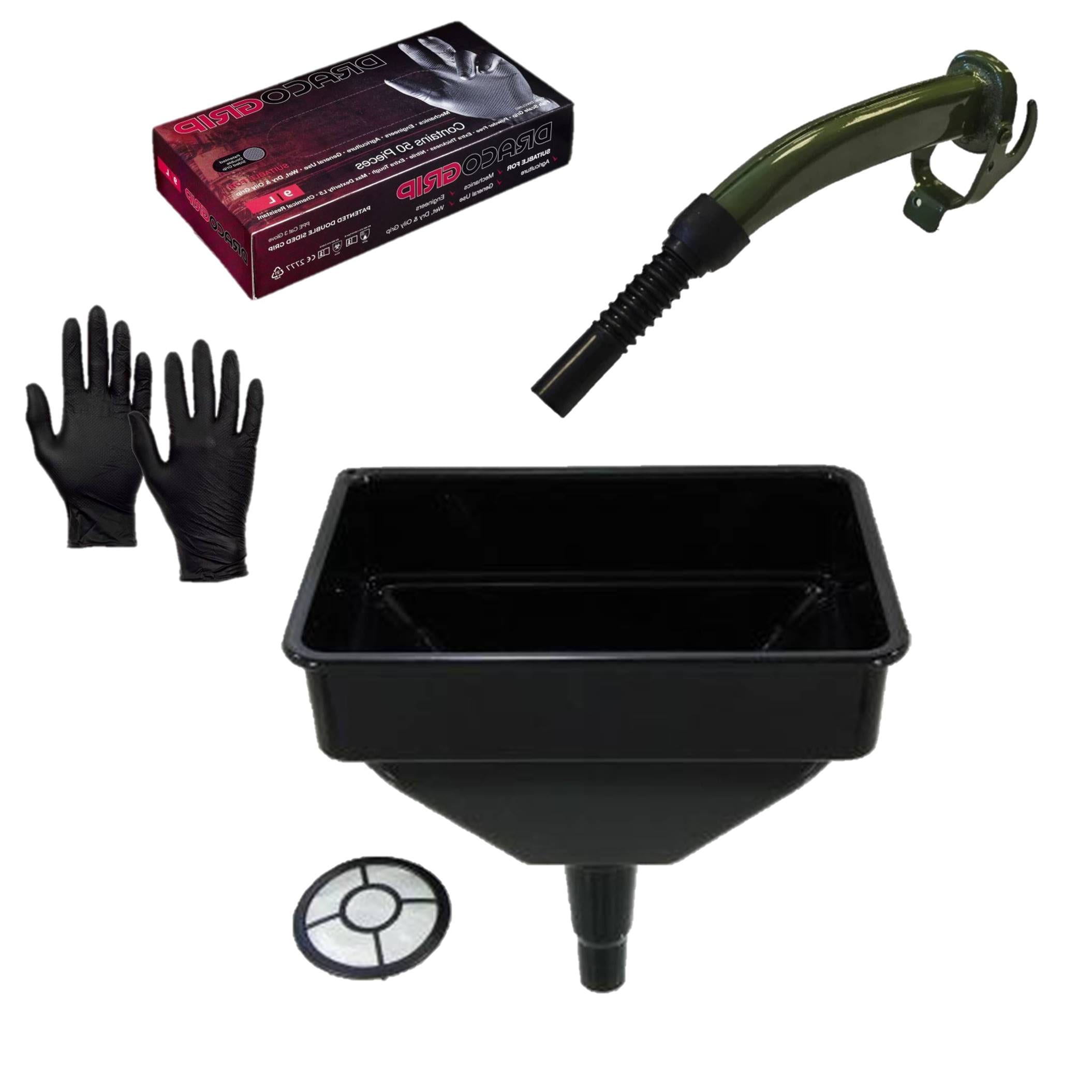 Pegdev Jerry Can Accessory Bundle Metal Spout Heavy Duty Funnel & Nitrile Gloves Refuelling in Black