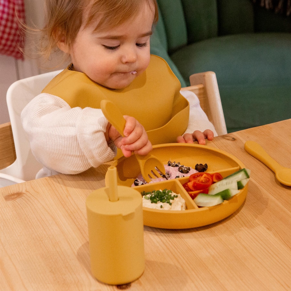 image 1 of Tiny Dining Silicone Weaning Fork - Ochre - Children's Baby Toddler Soft Curved Feeding Weaning Cutlery | Yellow | Ochre | 14 x 3.5 x 1.5 CM | 1