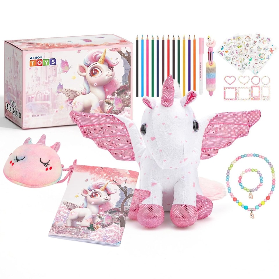 image 1 of 33‑in‑1 Unicorn Plush Toy Gift Set for Girls – Soft Cuddly Stuffed Animal with Diary, Stickers, Colouring Book & Accessories, Birthday Gift for Kids 3–10