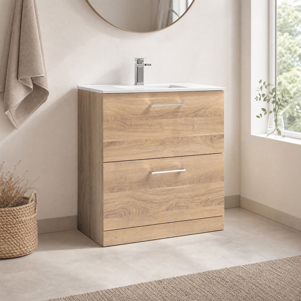 image 1 of Balterley Contemporary Bathroom 2 Soft Close Drawer & Minimalist Floor Standing Vanity Unit Basin | Brown | Bleached Oak | 818 x 800 x 390mm