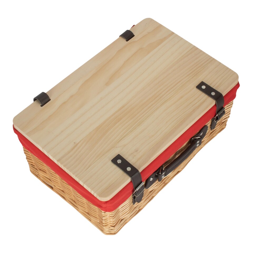 image 1 of 41cm Buff Red Lined Willow Empty Picnic Basket with Pinewood Lid | Brown | Red | M | 1