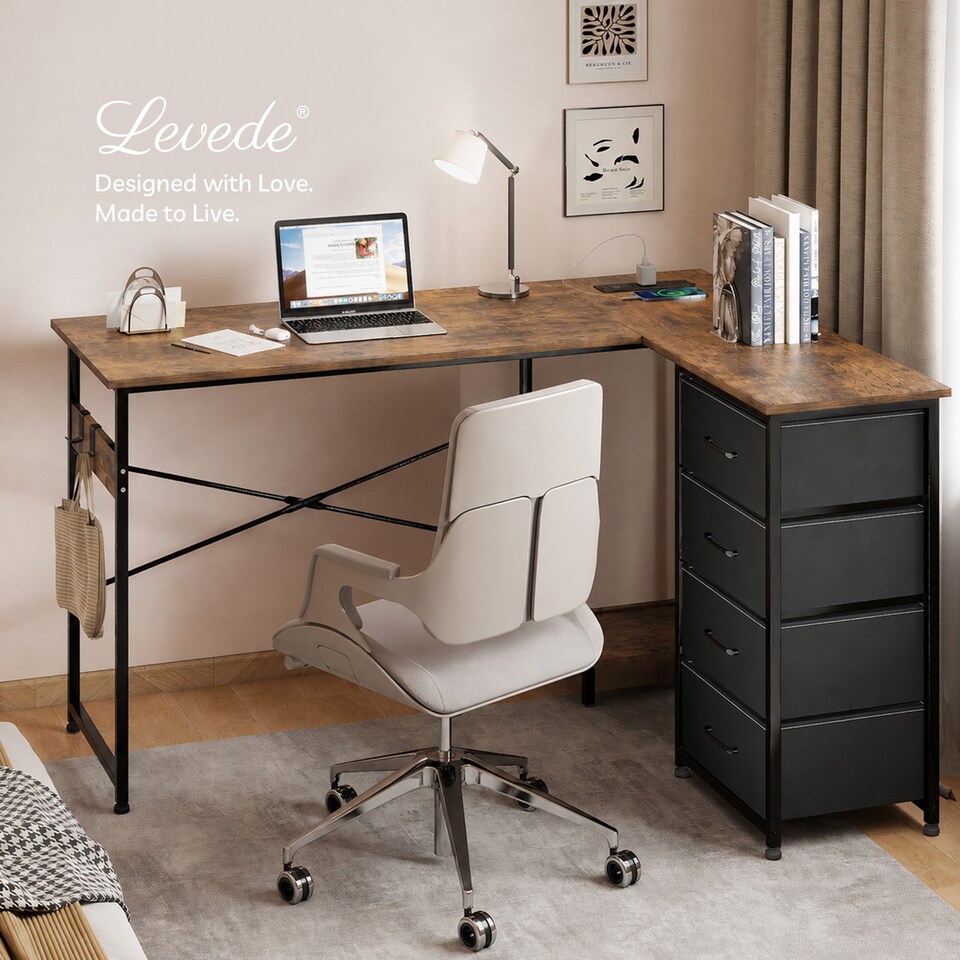 image 1 of Levede Reversible L-shaped Corner Desk 4 Drawers for Office or Gaming