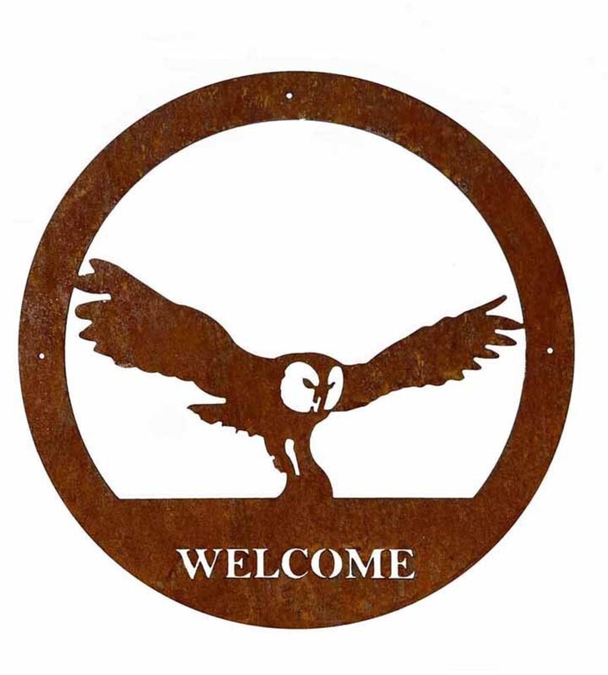 Owl Welcome Wall Art - Small - Steel - W29.5 x H29.5 cm - Bare Metal/Ready to Rust | Brown