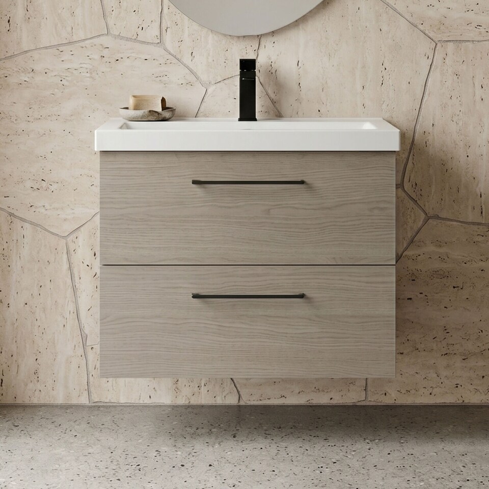 image 1 of Balterley Wall Hung Bathroom 2 Drawer Vanity Unit and 1 Tap Hole Ceramic Basin, Woodgrain Mid Oak with Handles | Brown | Solace Oak