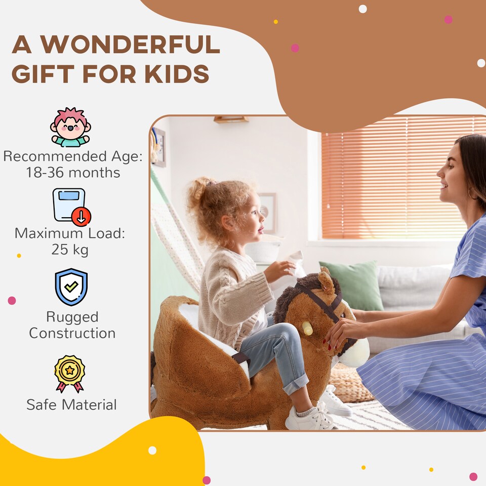 image 1 of AIYAPLAY Kids Rocking Horse, Plush Ride on Horse, with Sound, Wood Base, Seat Safety Belt, for Ages 18-36 Months, Brown