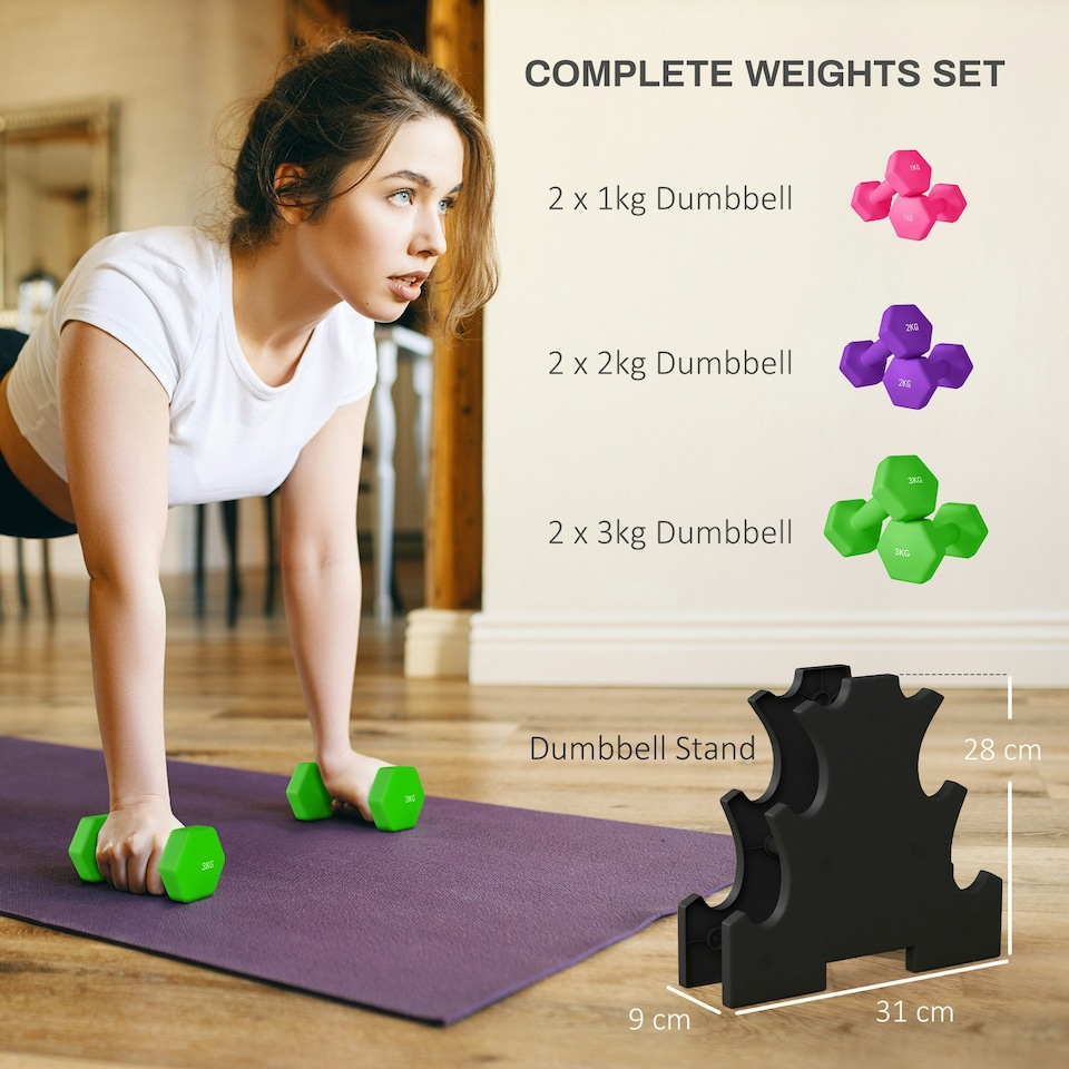 image 1 of SPORTNOW Hex Dumbbells Set with Dumbbells Rack, 2 x 1kg, 2 x 2kg, 2 x 3kg