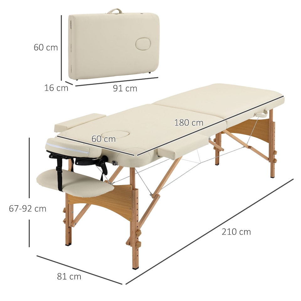 image 1 of HOMCOM Portable Massage Bed, Folding Spa Beauty Massage Table with 2 Sections, Carry Bag and Wooden Frame, Cream White