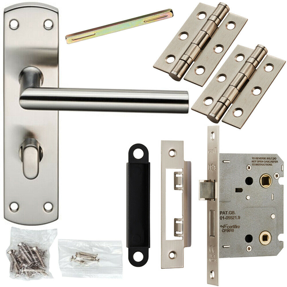 Loops Door Handle & Bathroom Lock Pack Satin Nickel Modern Mitred Round Bar Backplate in Metallics