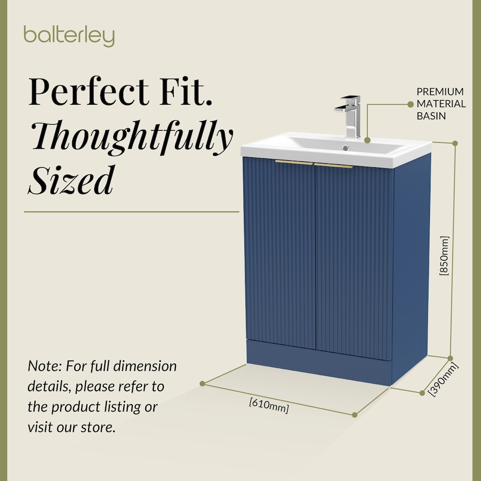image 1 of Balterley Fluted Front Floor Standing 2 Soft Close Door Bathroom Vanity Unit with 1 Tap Hole Basin, Handles | Blue | Satin Blue