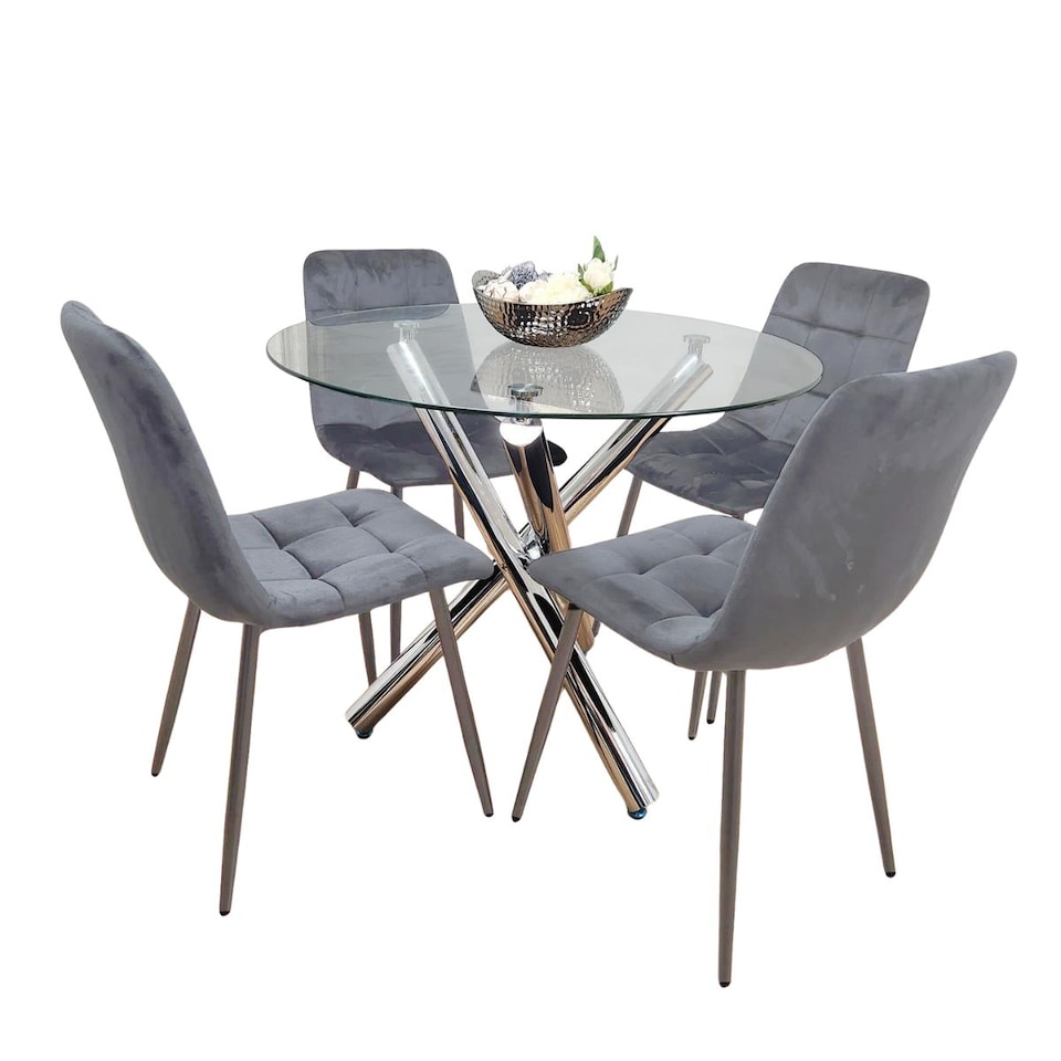 Dining Table and 4 Chairs Clear Glass Round Chrome Legs Table 4 Grey ...