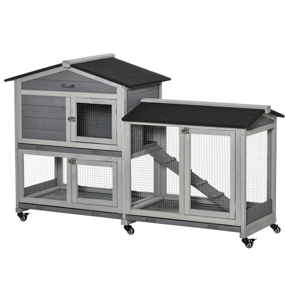 image 1 of PawHut Rabbit Hutch, Bunny Cage Outdoor 2-Tier w/ Wheels & Tray, Grey