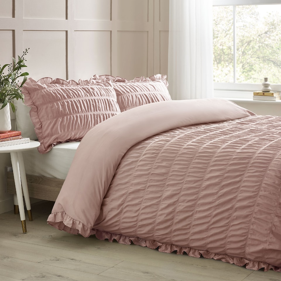 image 1 of Seersucker Frill Duvet Cover Set | Pink
