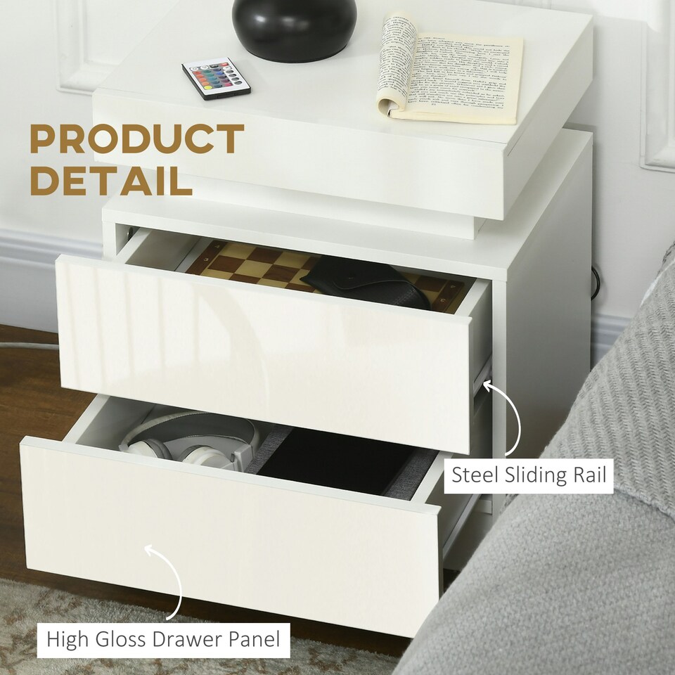 image 1 of HOMCOM High Gloss Bedside Table with LED Light and 2 Drawers, White