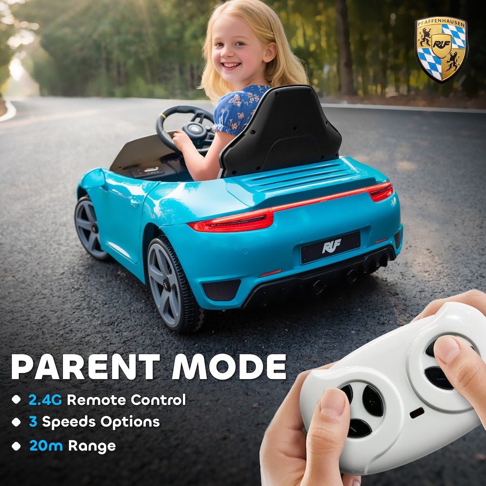 image 1 of AIYAPLAY RUF GT Licensed Electric Car for Kids, 12V Kids Ride on Car with Suspension System, Remote Control, Music, Horn, USB, Slow Start and Safety Belt for 3-5 Years Old Boys and Girls | Blue