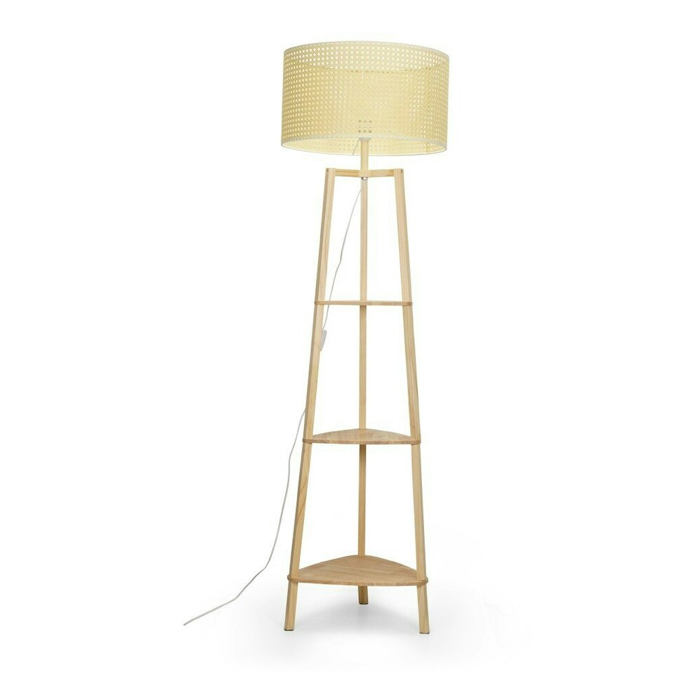image 1 of ValueLights Natural Wooden 3 Tier Floor Standard Lamp with Storage Shelves- Wicker Rattan Shade + LED Bulb