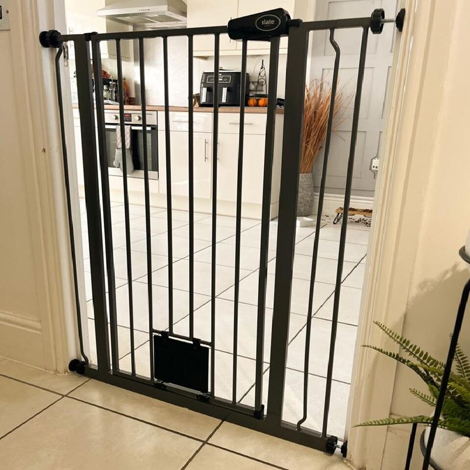 image 1 of Bettacare Pet Gate with Lockable Cat Flap, 126.7cm - 134.3cm, Slate Grey, 104cm in Height | Grey