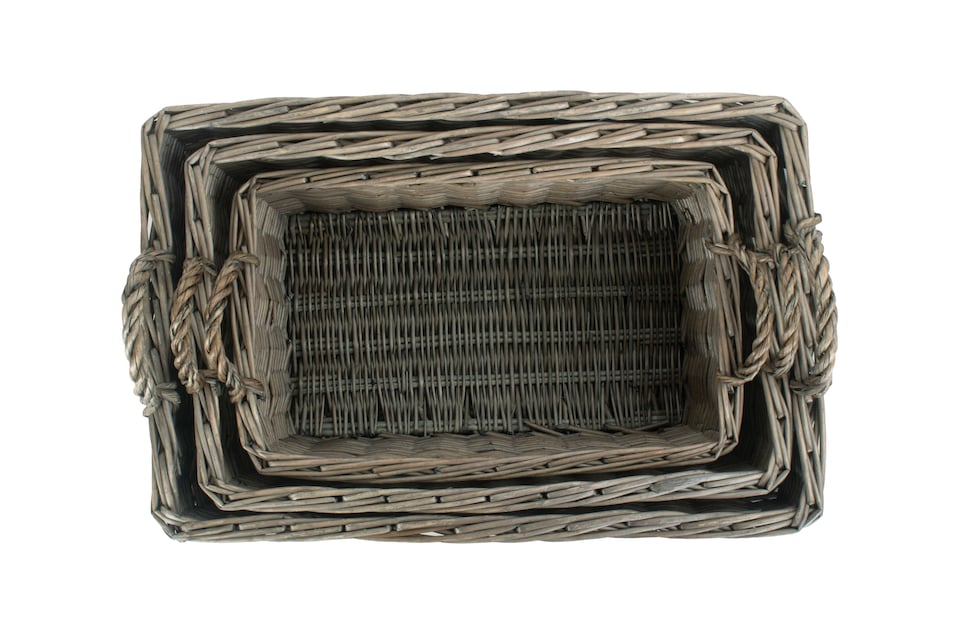 image 1 of Shallow Antique Wash Storage Wicker Basket Set of 3 | Brown | Brown | Not provided