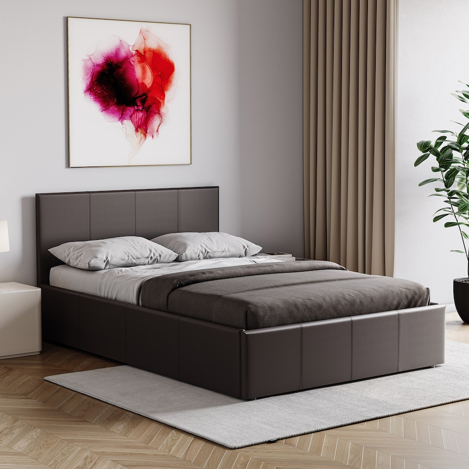 image 1 of Vida Designs Lisbon 4ft Small Double Size Ottoman Bed Storage Faux Leather, Brown, 120 x 190cm