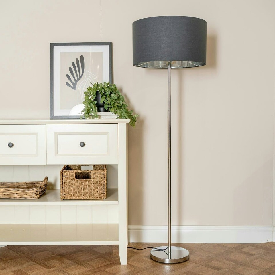image 1 of ValueLights Charlie Brushed Chrome Floor Lamp White Taper Shade & Bulb