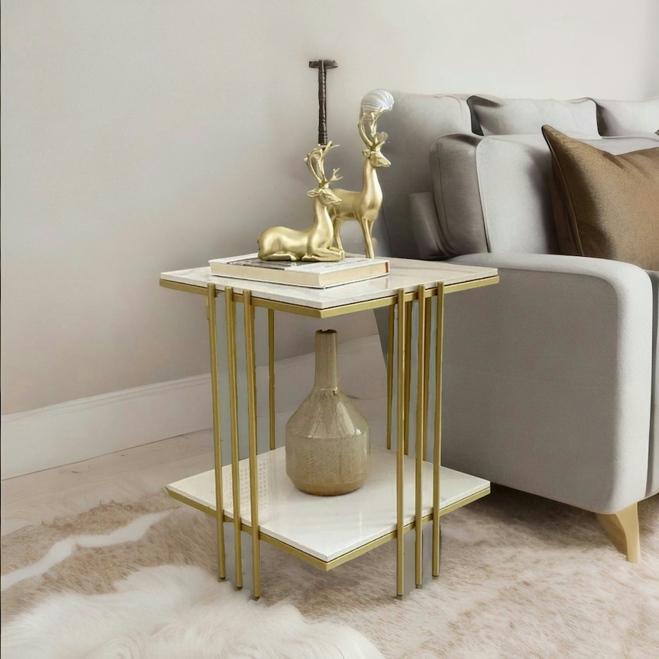 image 1 of 2 Tier Square Faux Marble Side Table Gold Gold