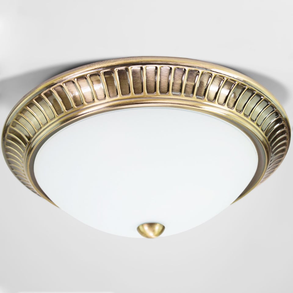 image 1 of Traditional Antique Brass Flush Ceiling Light Fitting with Opal Glass Diffuser | Gold | Antique Brass | 1