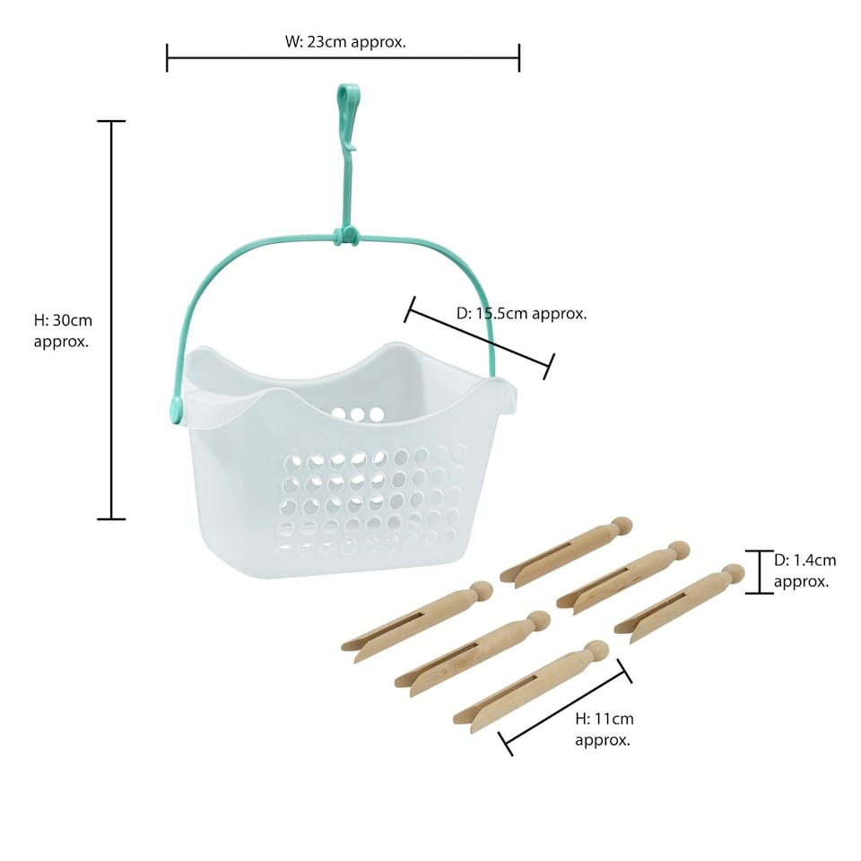 image 1 of JVL Plastic Peg Basket with 72 Wooden Dolly Pegs, Brown