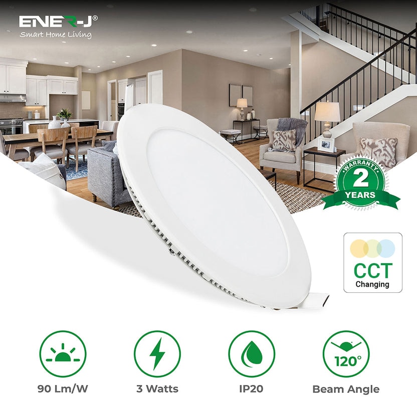 ENER-J Recessed Round LED Mini Panel 85mm White CCT Switchable 3W 240V